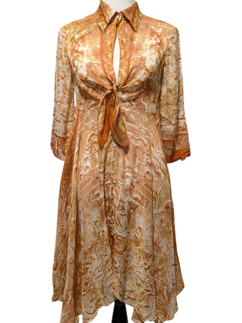 Nicole Miller Womens Size S Orange Gold Silk Keyhole Waist Tie Hi-Lo Midi Dress